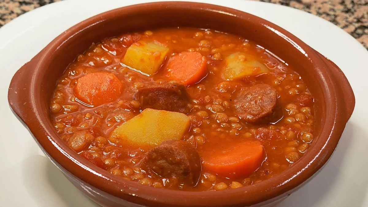 Cuenco de barro con guiso de lentejas con chorizo, zanahoria y patata en salsa roja
