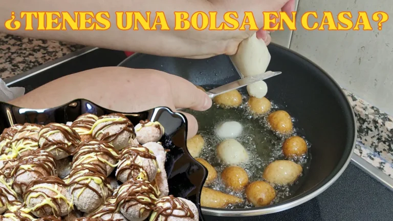 Buñuelos caseros recién hechos en una bolsa de repostería y en proceso de freír en sartén con aceite hirviendo