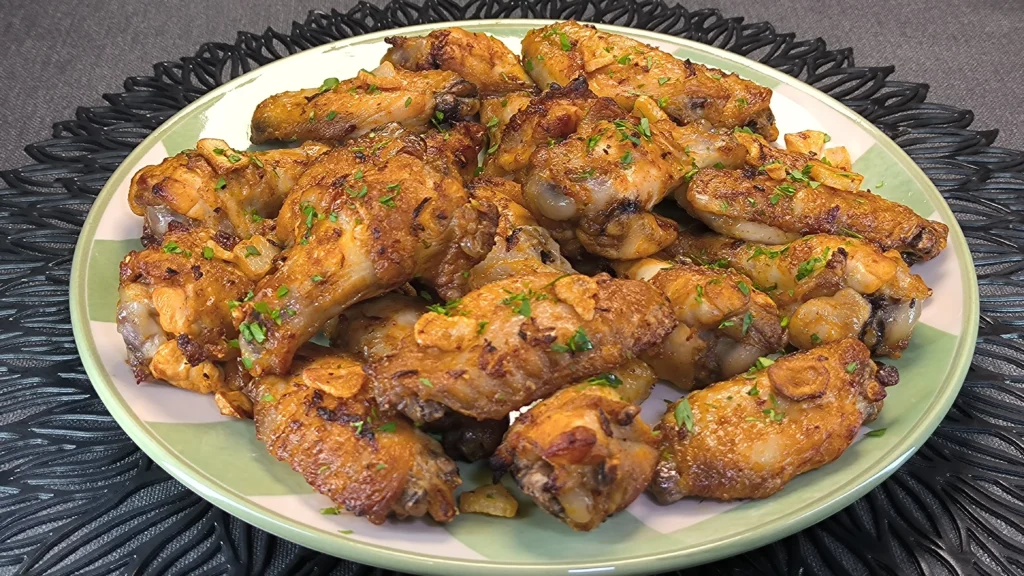 Alitas de pollo doradas y crujientes con ajos laminados y perejil fresco servidas en un plato blanco.