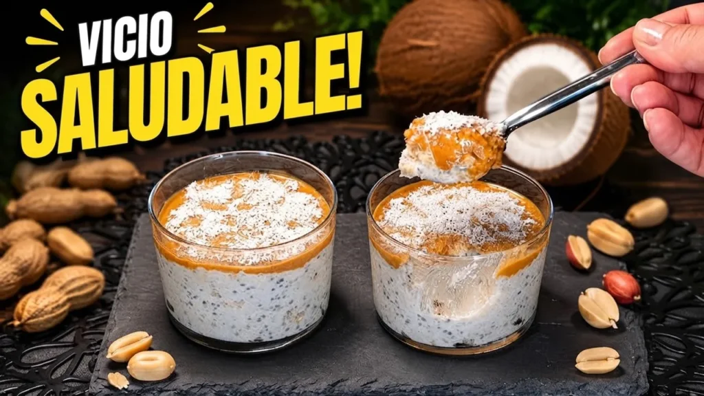 Tazón de porridge de avena con rodajas de plátano, coco rallado, chocolate negro y crema de cacahuete, con la marca de agua Cocina con Flory.