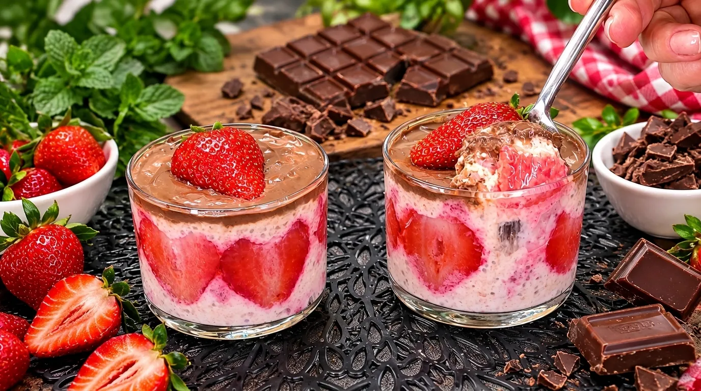 🥣 Avena Cremosa con Fresas y Chocolate: 1 Desayuno Fit Delicioso en 5 Minutos 1 Bowl de gachas de avena cremosa decorado con fresas frescas laminadas y trozos de chocolate negro.