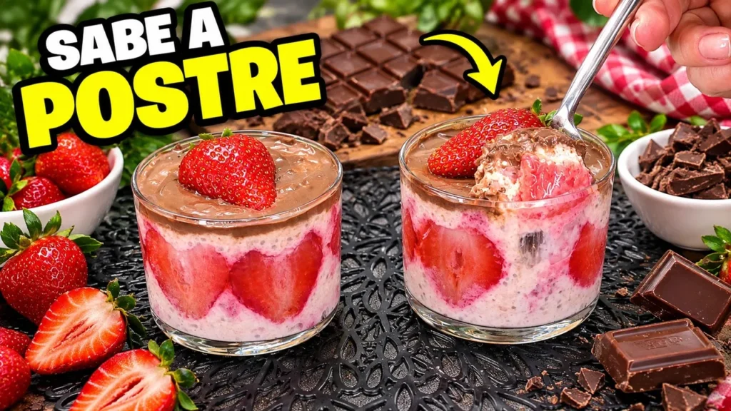 Bowl de avena cremosa servido con fresas frescas laminadas y trozos de chocolate negro.