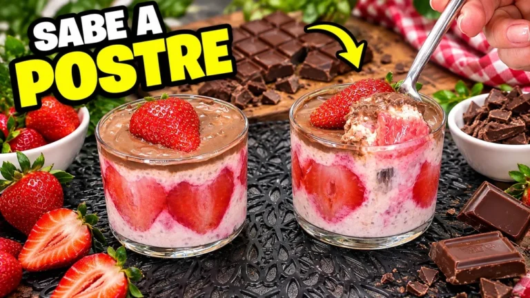 Bowl de avena cremosa servido con fresas frescas laminadas y trozos de chocolate negro.