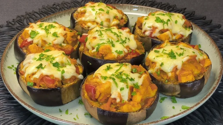 Dos berenjenas rellenas de pollo al curry con gratinado de queso sobre un plato blanco.