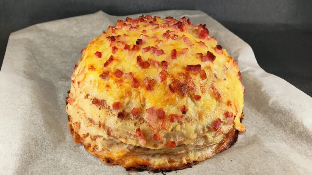 Crepes dorados rellenos de tiras de bacon crujiente y queso fundido servidos en un plato oscuro.