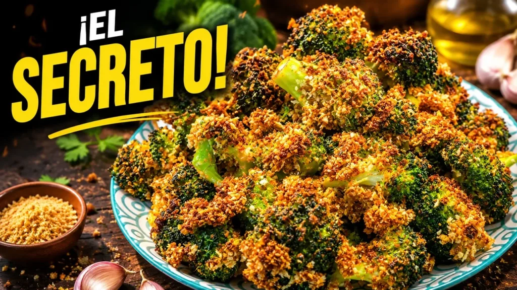 Ramilletes de brócoli crujientes empanados con panko dorados en freidora de aire.