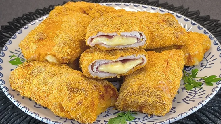 Pechugas de pollo Cordon Bleu rellenas de jamón y queso derretido cocinadas en freidora de aire con patatas fritas
