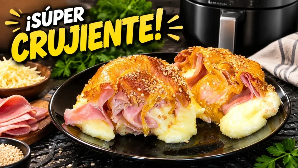 Rollitos de papel de arroz dorados al horno con relleno jugoso de jamón y queso fundido, presentados en una fuente con la marca de agua Cocina con Flory.