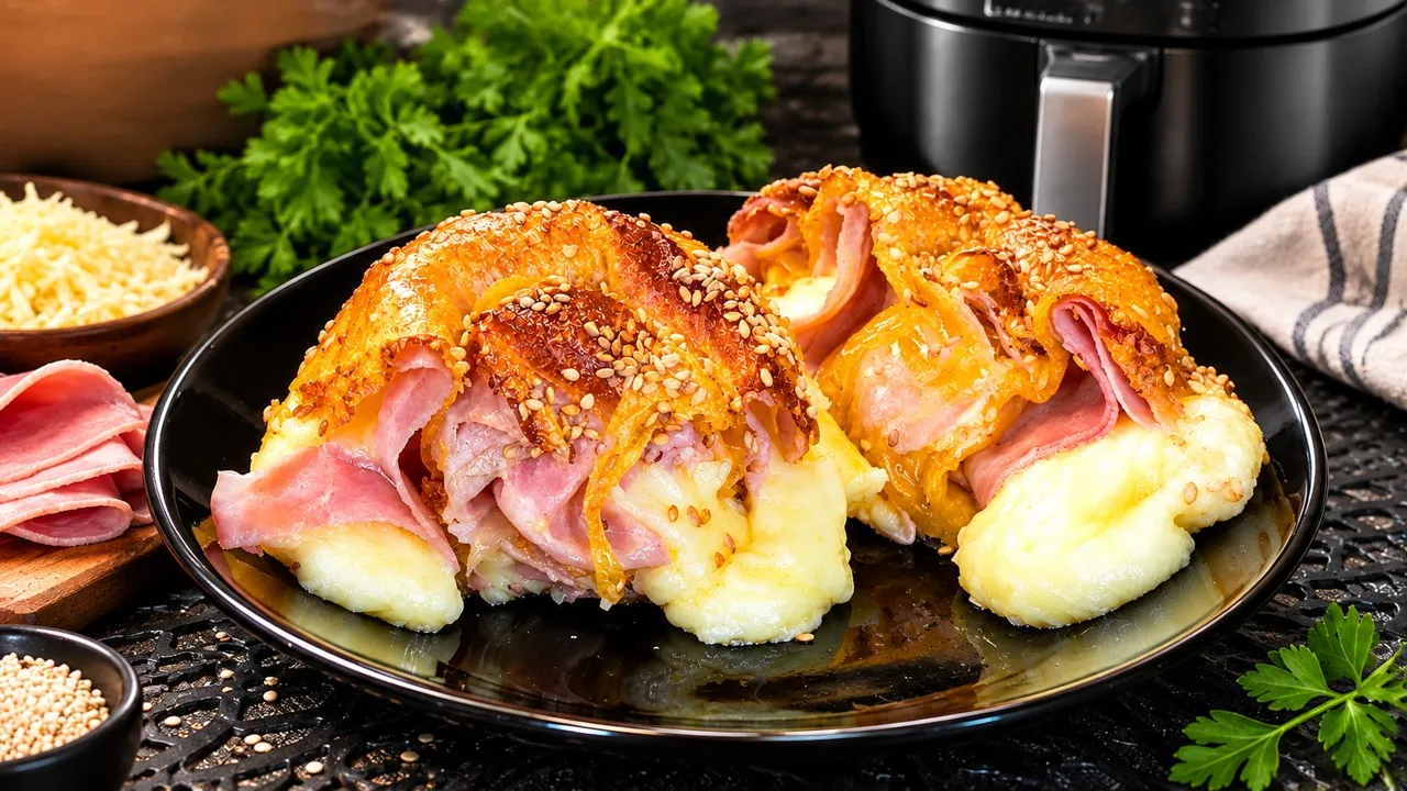 Rollo de Jamón y Queso en 6 Minutos: Increíble Receta Crujiente en Airfryer 1 Rollo de jamon y queso de papel de arroz dorados y crujientes rellenos de jamón y queso fundido, servidos en un plato de cerámica sobre fondo neutro.