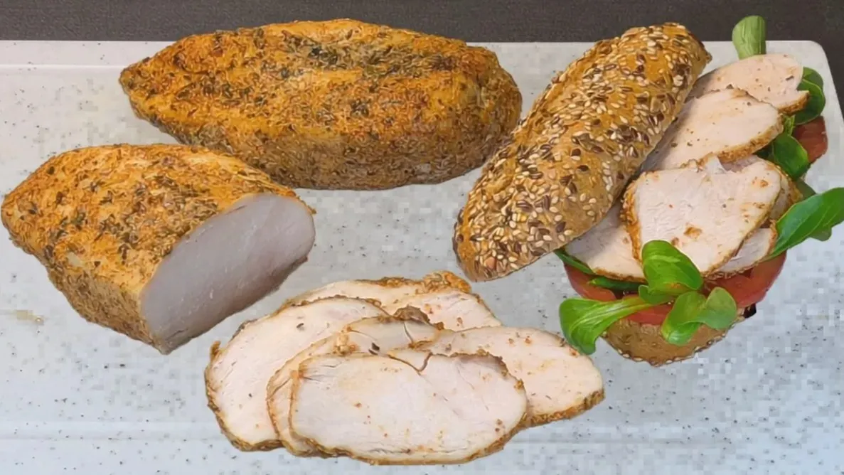 Pechuga de pollo rellena cocinada en freidora de aire, cortada en lonchas finas y servida en una tabla de madera con especias.