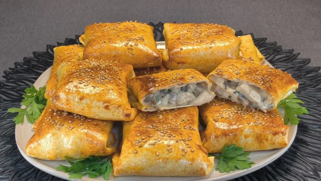 Flautines crujientes rellenos de pollo y champiñones espolvoreados con semillas de sésamo negro sobre un plato blanco.