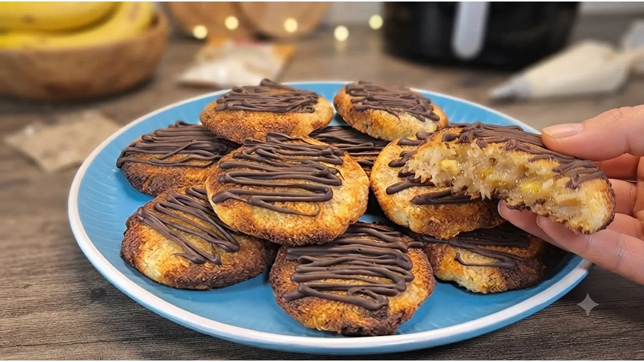 Galletas de plátano y coco caseras, crujientes doradas en freidora de aire, servidas sobre papel de hornear en una bandeja de madera con trozos de coco de fondo.