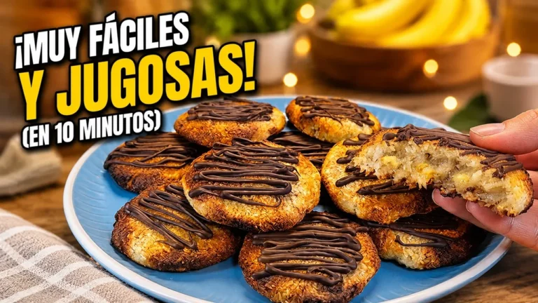 Galletas de plátano y coco doradas y crujientes preparadas en freidora de aire, dispuestas sobre una tabla de madera rústica con trozos de coco natural.