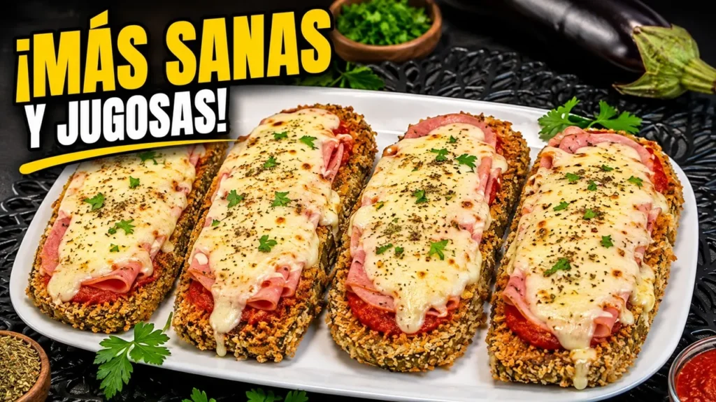 Berenjenas a la napolitana con queso gratinado, salsa de tomate y un toque de orégano preparadas en freidora de aire con el logo de Cocina con Flory