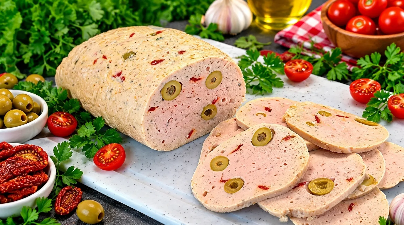 Mortadela de Pollo Casera: 1 Receta Increíble, Fácil y Saludable 1 Mortadela de pollo casera cortada en finas lonchas sobre una tabla de madera.