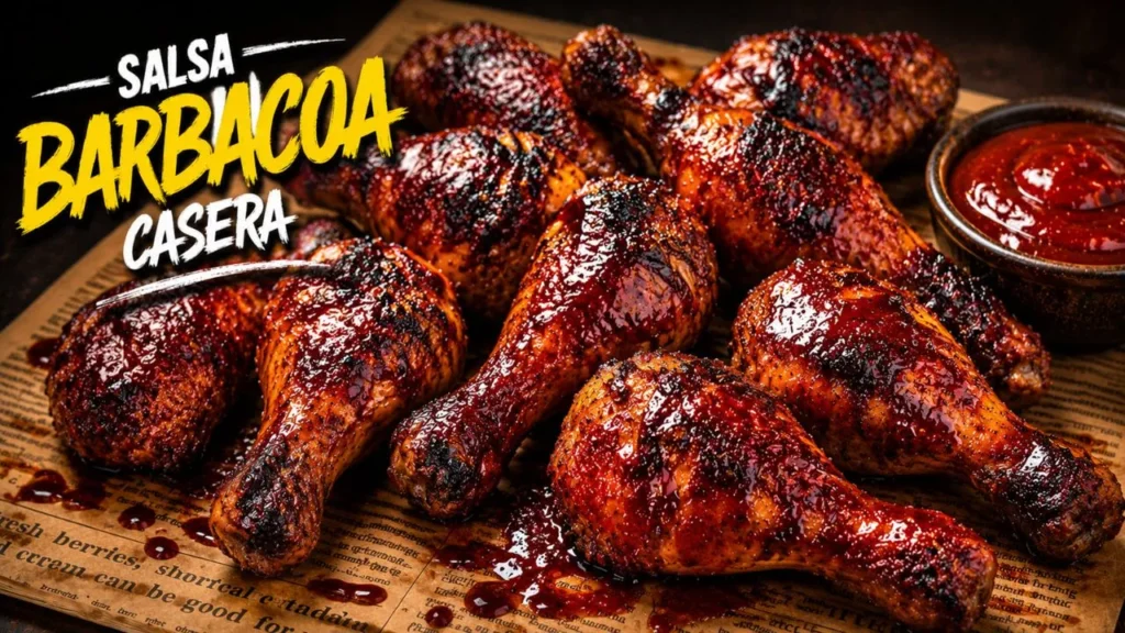 Plato con varios muslos de pollo asados con salsa barbacoa brillante y caramelizada, listos para servir