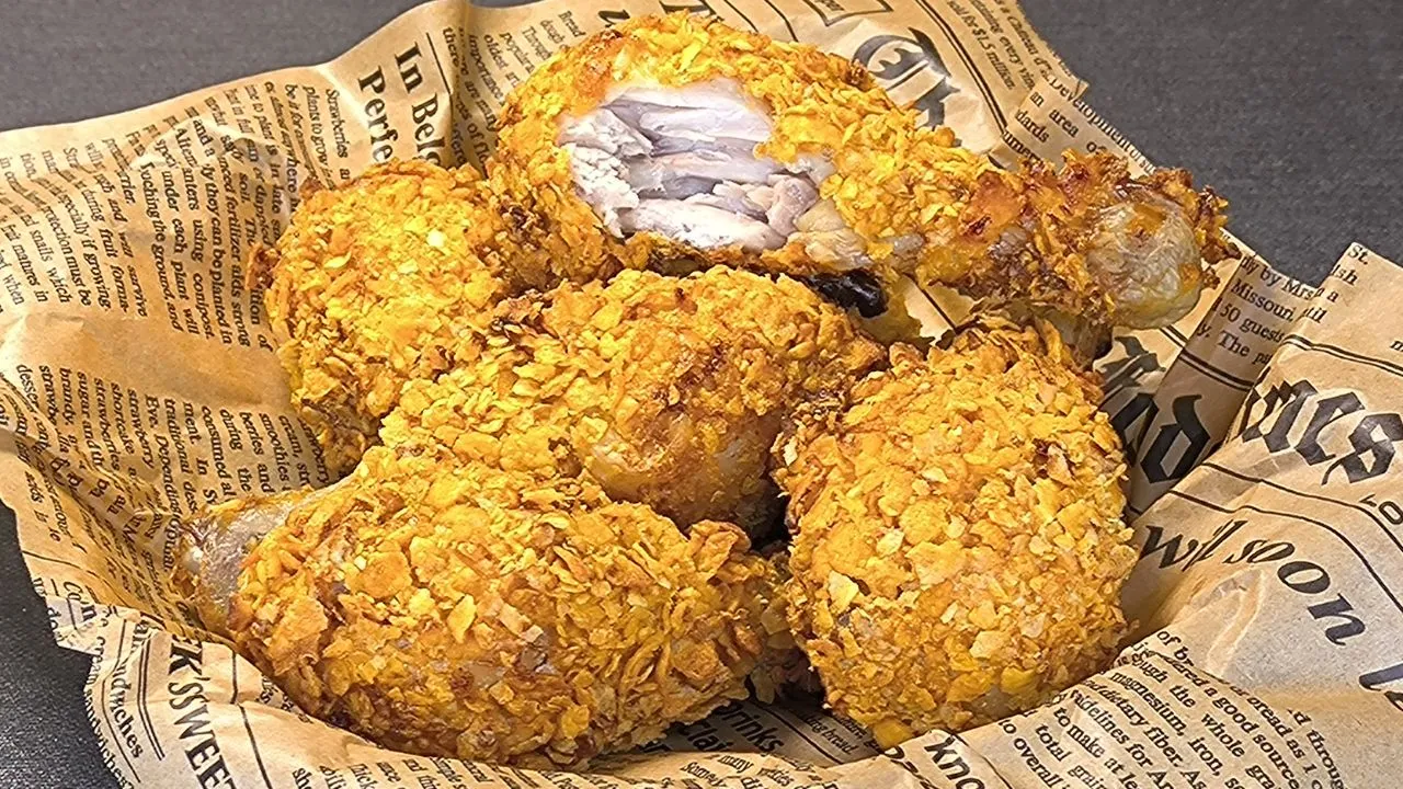 Tres muslos de pollo frito con rebozado extra crujiente y especiado servidos en un plato oscuro, receta saludable en freidora de aire.