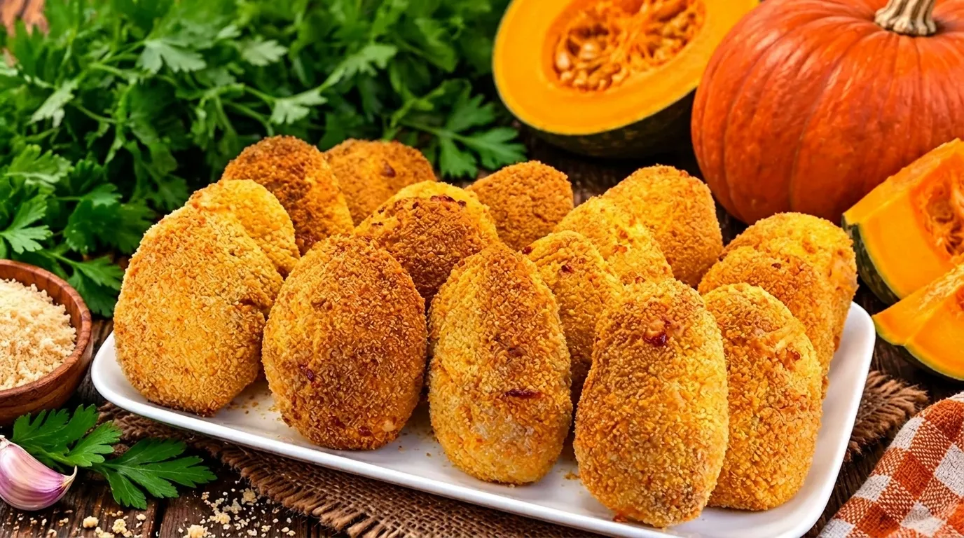 Nuggets de pollo y calabaza dorados y crujientes servidos en plato blanco con salsa dip de yogur.