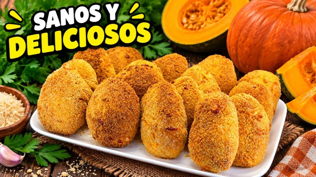 Nuggets de pollo y calabaza servidos en un plato de cerámica blanca con dip de yogur y calabazas decorativas al fondo.