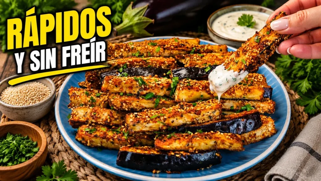 Palitos de berenjena crujientes con semillas de sésamo y salsa para mojar, con el texto superpuesto Palitos de Berenjena con Sésamo.