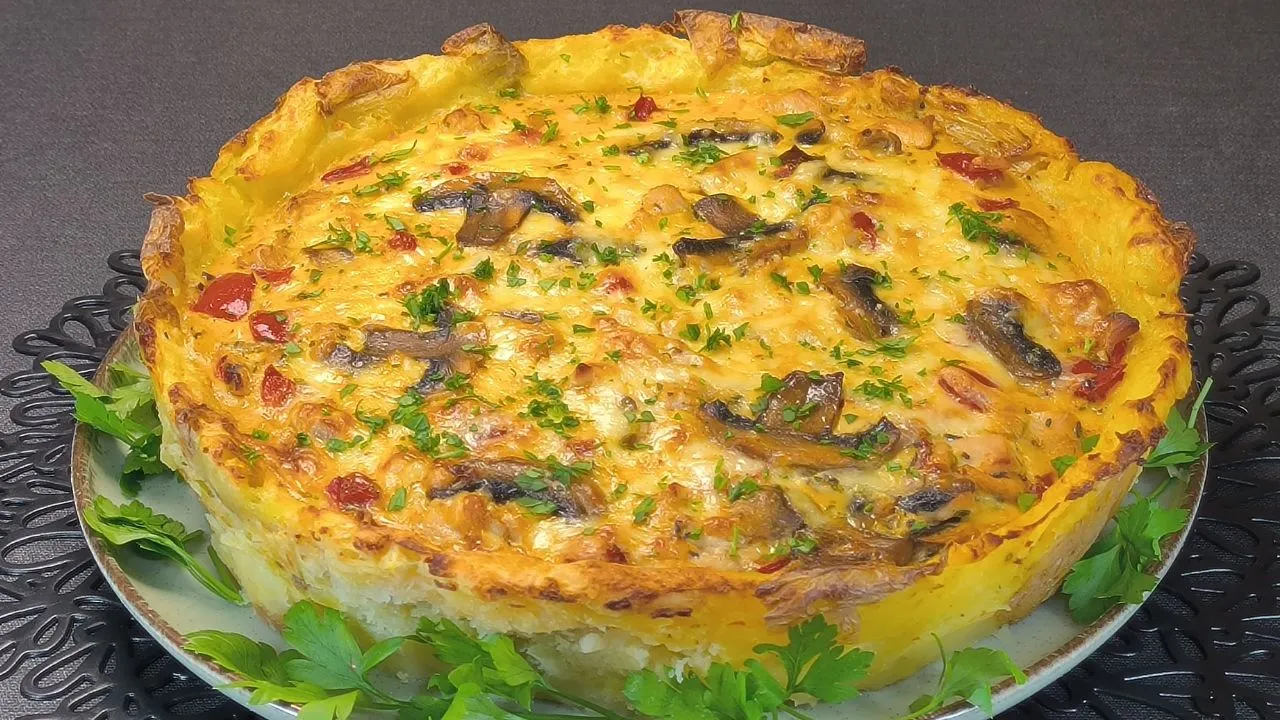 Pastel de patatas laminadas al horno con trozos de pollo dorados y champiñones, presentado en una fuente redonda de cerámica sobre la encimera.