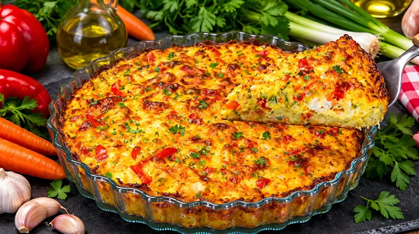Pastel de patata y pollo al horno con cubierta dorada y crujiente servido en un molde redondo.
