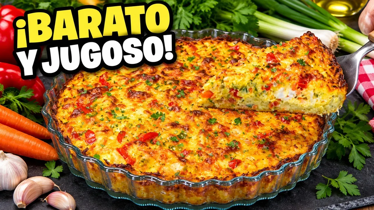 Pastel de patata y pollo al horno con corteza dorada y crujiente servido en un molde sobre la mesa.