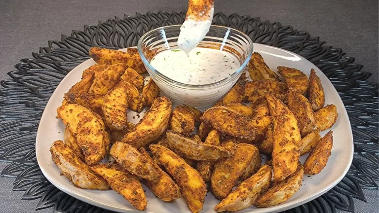 Patatas deluxe gajo sazonadas con especias y hierbas aromáticas recién hechas en la cesta de una freidora de aire.