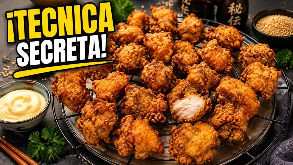 Bocados de pollo karaage crujiente hechos en freidora de aire con rodajas de limón y el texto superpuesto Pollo Karaage en Freidora de Aire.