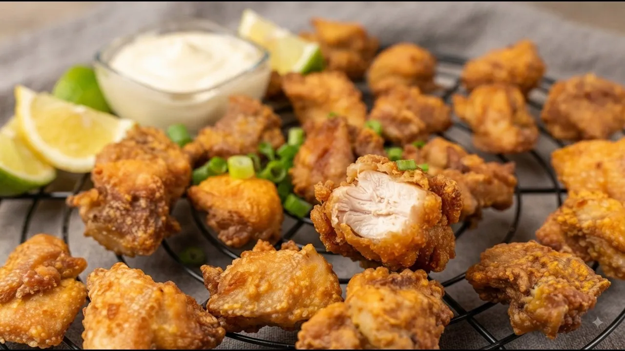 Trozos de pollo karaage crujiente estilo japonés hechos en freidora de aire, servidos en un plato con rodajas de limón.