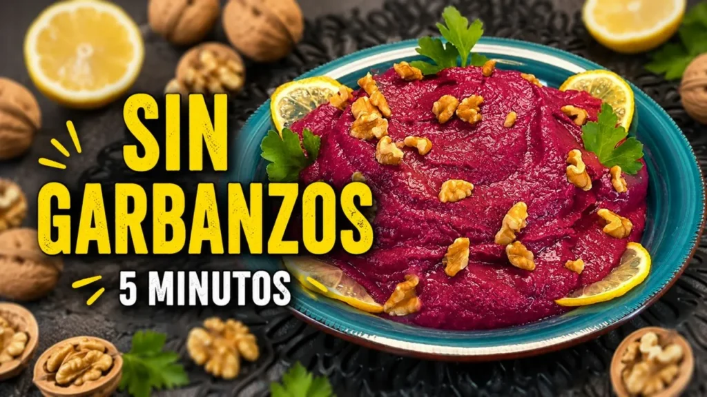 Plato de hummus cremoso de judías blancas y remolacha con un color rosa intenso, decorado con alubias enteras y un chorrito de aceite de oliva