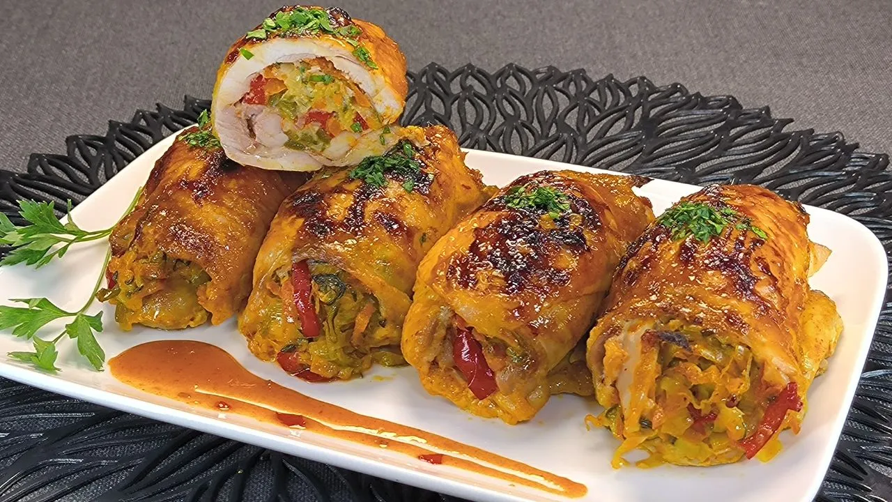 Pollo Relleno de Verduras: 1 Receta Increíble para Sorprender 1 Rollitos de pollo relleno de verduras frescas sobre una cama de cebolla y pimientos asados en una bandeja de horno.