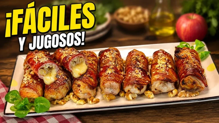 Rollitos de pechuga de pollo envueltos en bacon dorado y rellenos de queso brie fundido, manzana jugosa y nueces picadas sobre una fuente decorada.