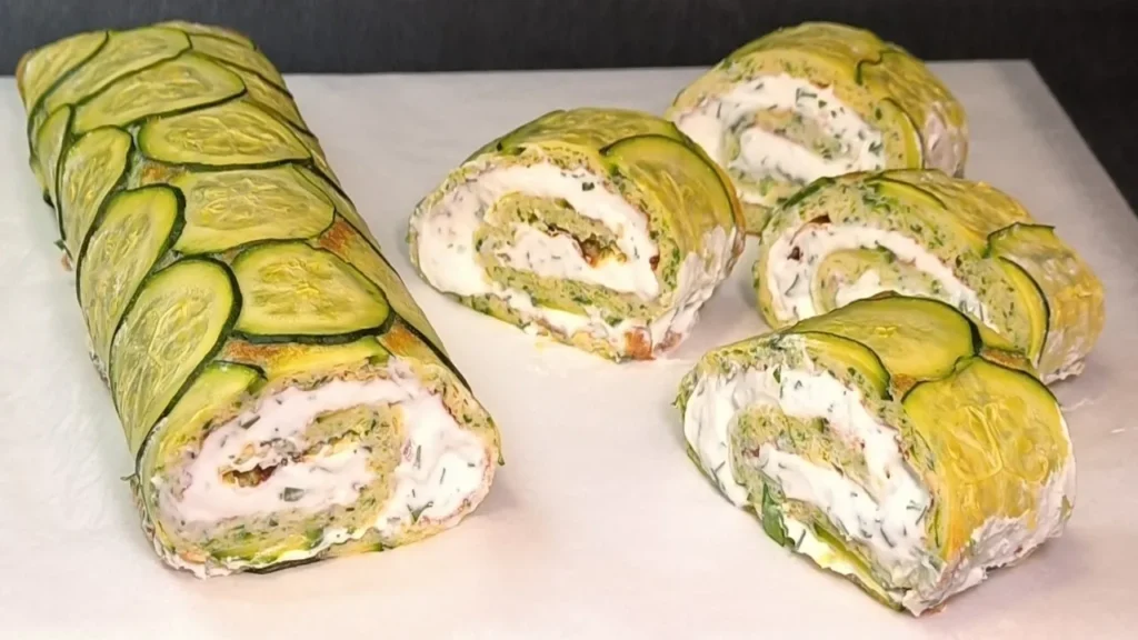 Rollo de calabacín al horno con láminas finas superpuestas, relleno de queso ricotta y servido en un plato blanco.