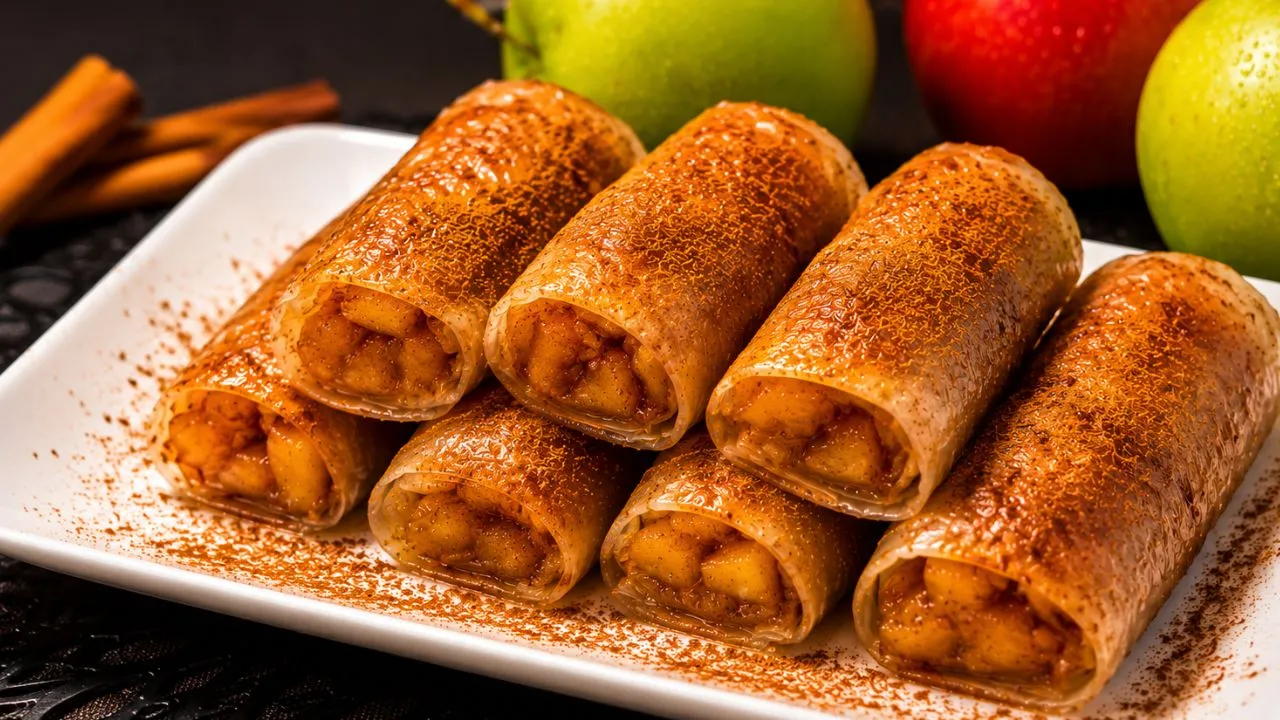 Tres rollos de papel de arroz rellenos de manzana dorados y crujientes sobre una rejilla negra dentro de una freidora de aire abierta.