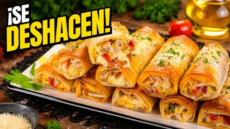 Rollos crujientes de masa filo rellenos de pollo y verduras recién sacados del horno, presentados en una bandeja con el texto Cocina con Flory.
