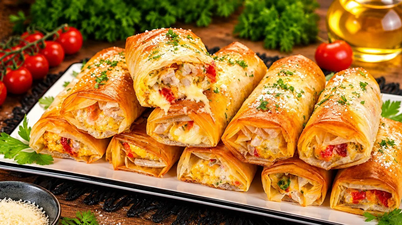 Rollitos de Pollo Crujientes al Horno: 1 Receta Increíble 1 Rollitos de pollo crujientes al horno y verduras salteadas, recién horneados y presentados sobre una fuente.