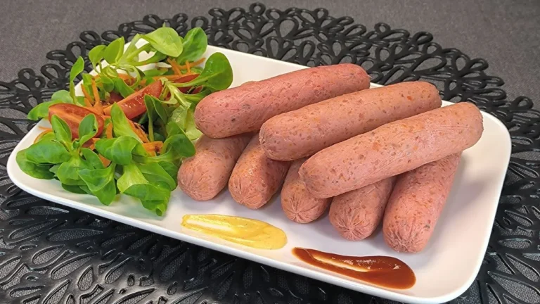 Varias salchichas de pollo caseras cocidas y tiernas, apiladas sobre una tabla de cortar de madera junto a un ramillete de perejil fresco.