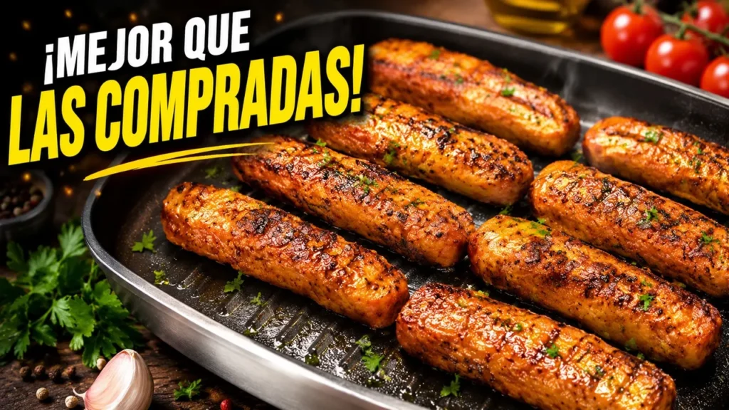 Salchichas de pollo a la parrilla marcadas al grill con dorado crujiente y toque de especias.