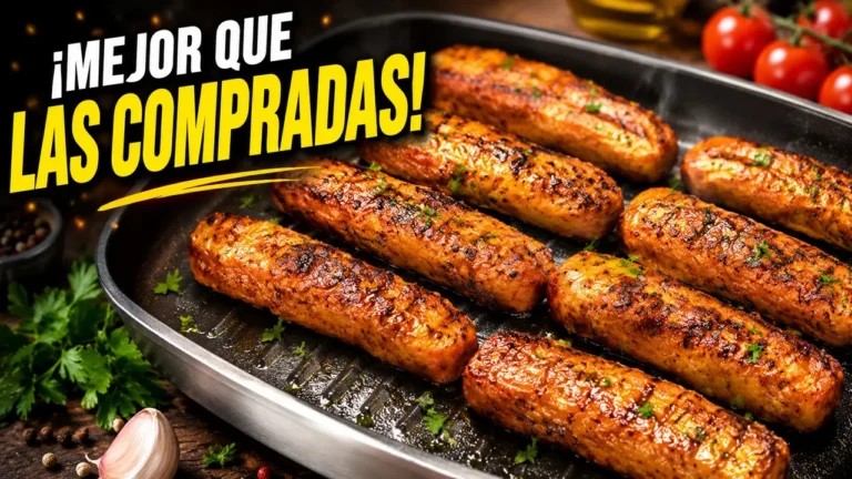 Salchichas de pollo a la parrilla marcadas al grill con dorado crujiente y toque de especias.