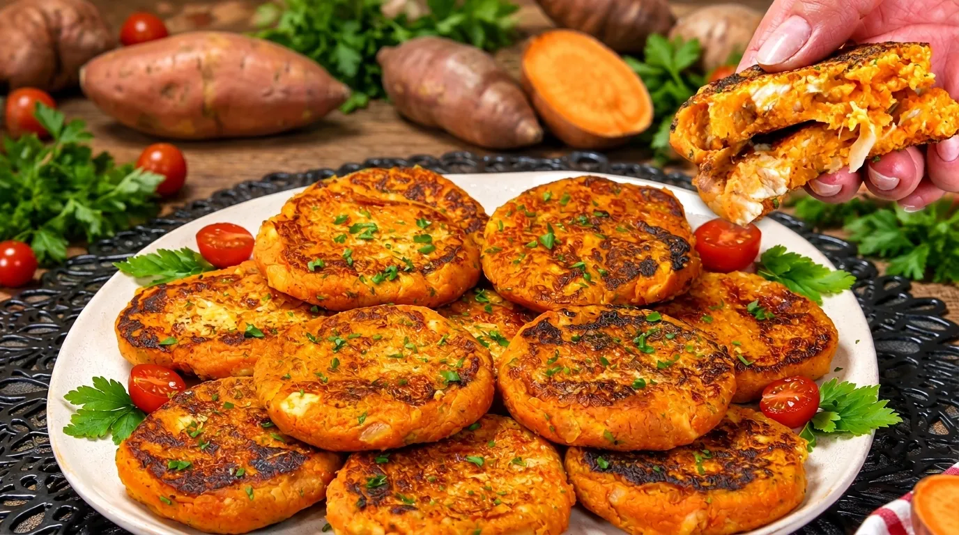 Tortitas de boniato y pollo cocinadas a la sartén en un plato con dip de salsa blanca y guarnición de verduras.