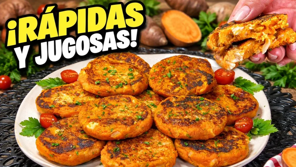 Tortitas doradas de boniato y pollo cocinadas a la sartén servidas en plato con dip de salsa blanca y verduras frescas.