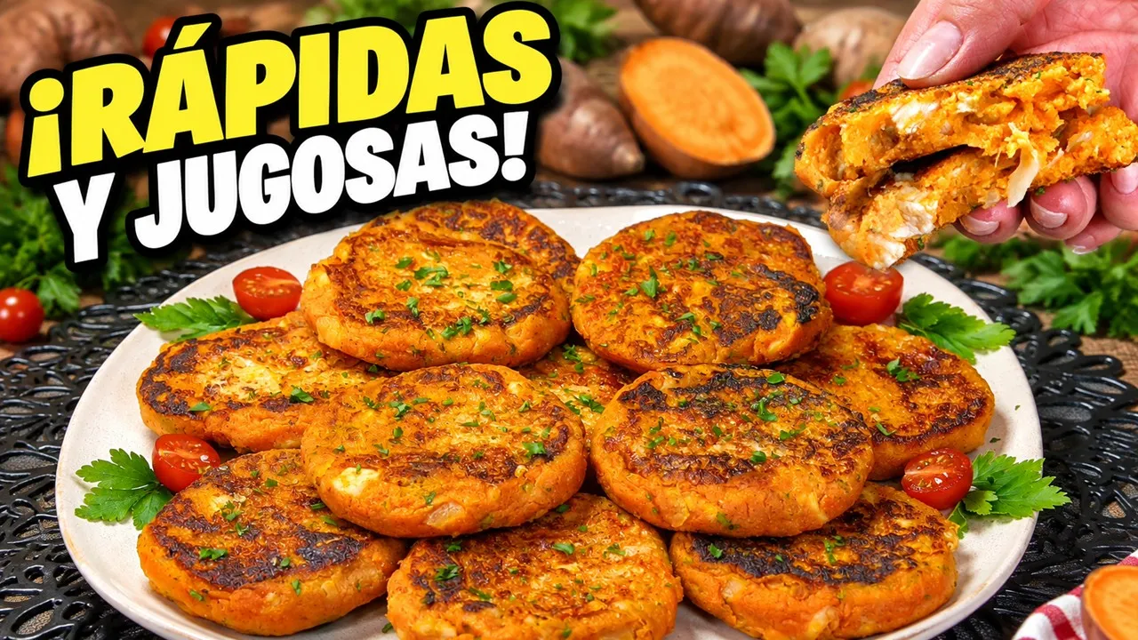 Tortitas doradas de boniato y pollo cocinadas a la sartén servidas en plato con dip de salsa blanca y verduras frescas.