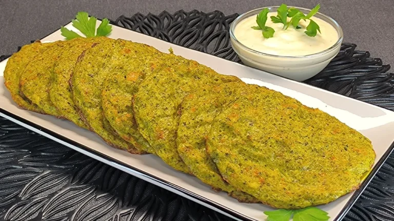 Tortitas de brócoli al horno doradas servidas en una tabla de madera con un cuenco de salsa blanca y ramitas de perejil fresco.