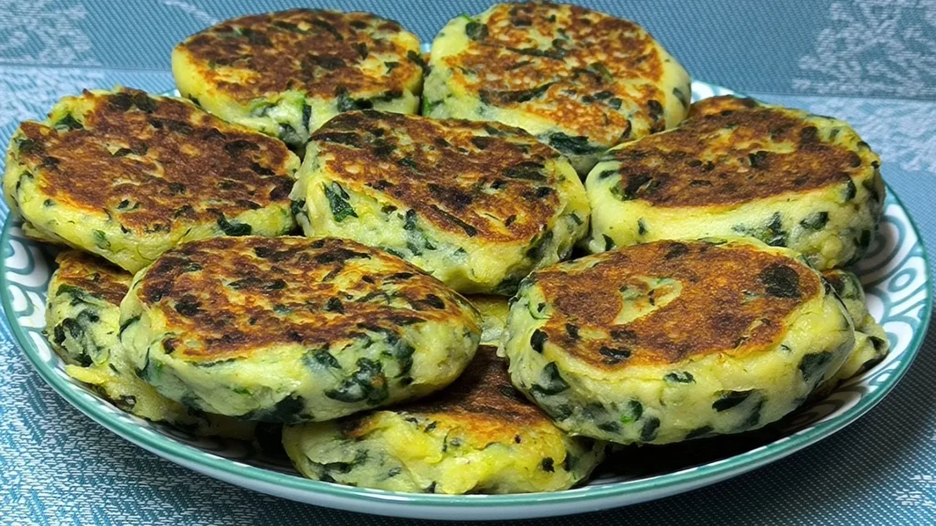 Tortitas doradas de patata y champiñones picados servidas en un plato blanco sobre un fondo de cocina rústico.
