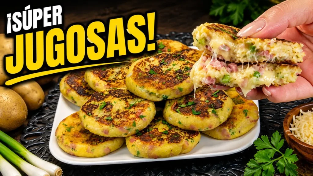 Tortitas doradas de jamón y queso recién hechas en una sartén con el texto superpuesto Cocina con Flory.