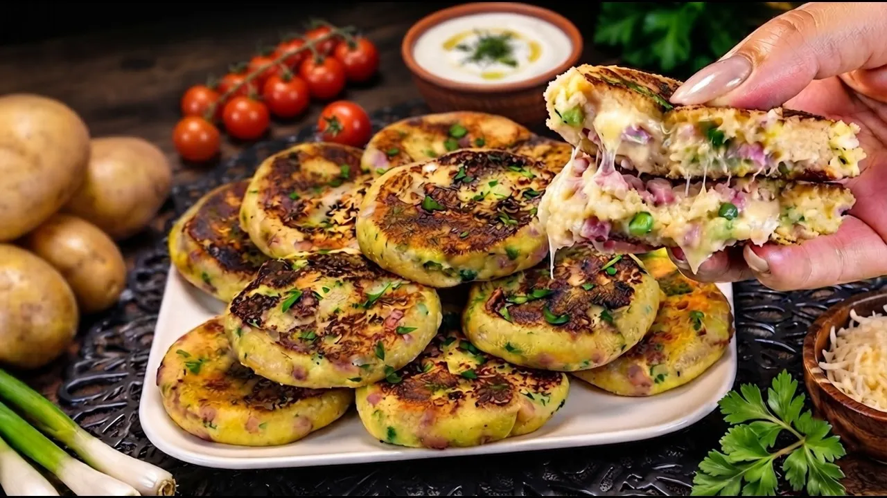 Tortitas de patata con jamon y queso recién hechas en una sartén, listas para servir.
