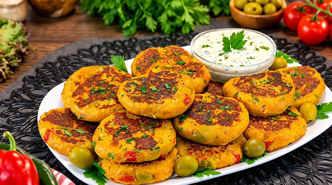 tortitas de patata y atun, puerro y pimiento cocinadas a la sartén en un plato con dip de salsa blanca y verduras.