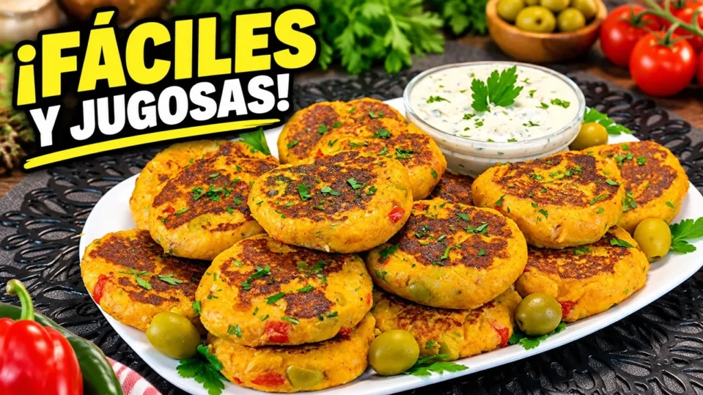 Tortitas doradas de patata con atún, puerro y pimiento cocinadas a la sartén en un plato con salsa blanca y verduras frescas.