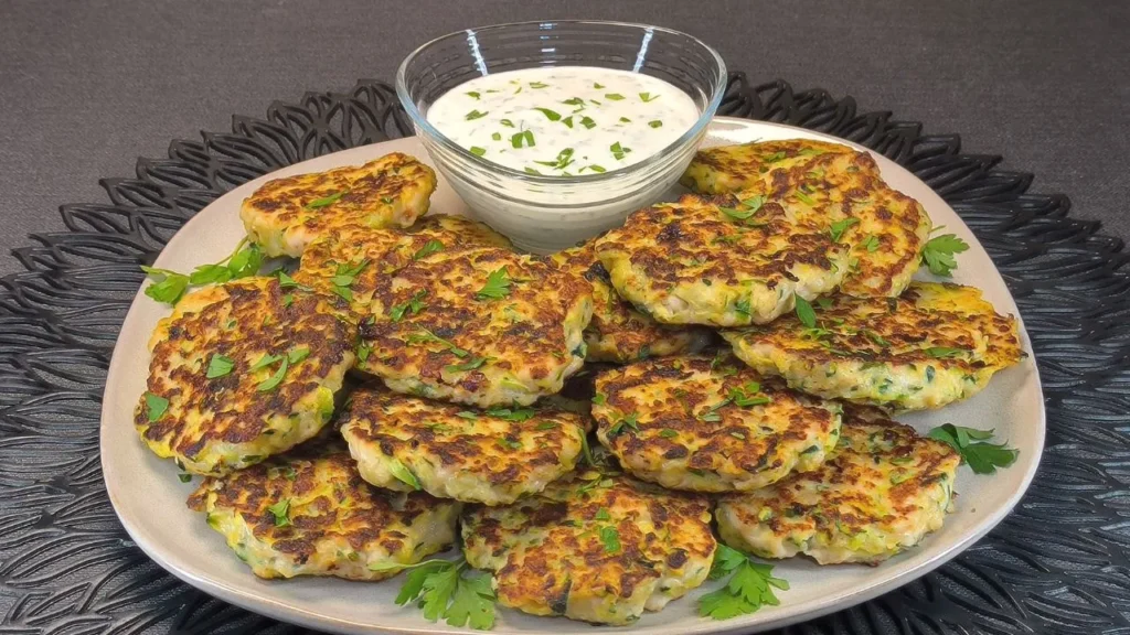 Tres tortitas de pollo y calabacín doradas apiladas en un plato blanco, acompañadas de rodajas de calabacín fresco y una salsa ligera de yogur.